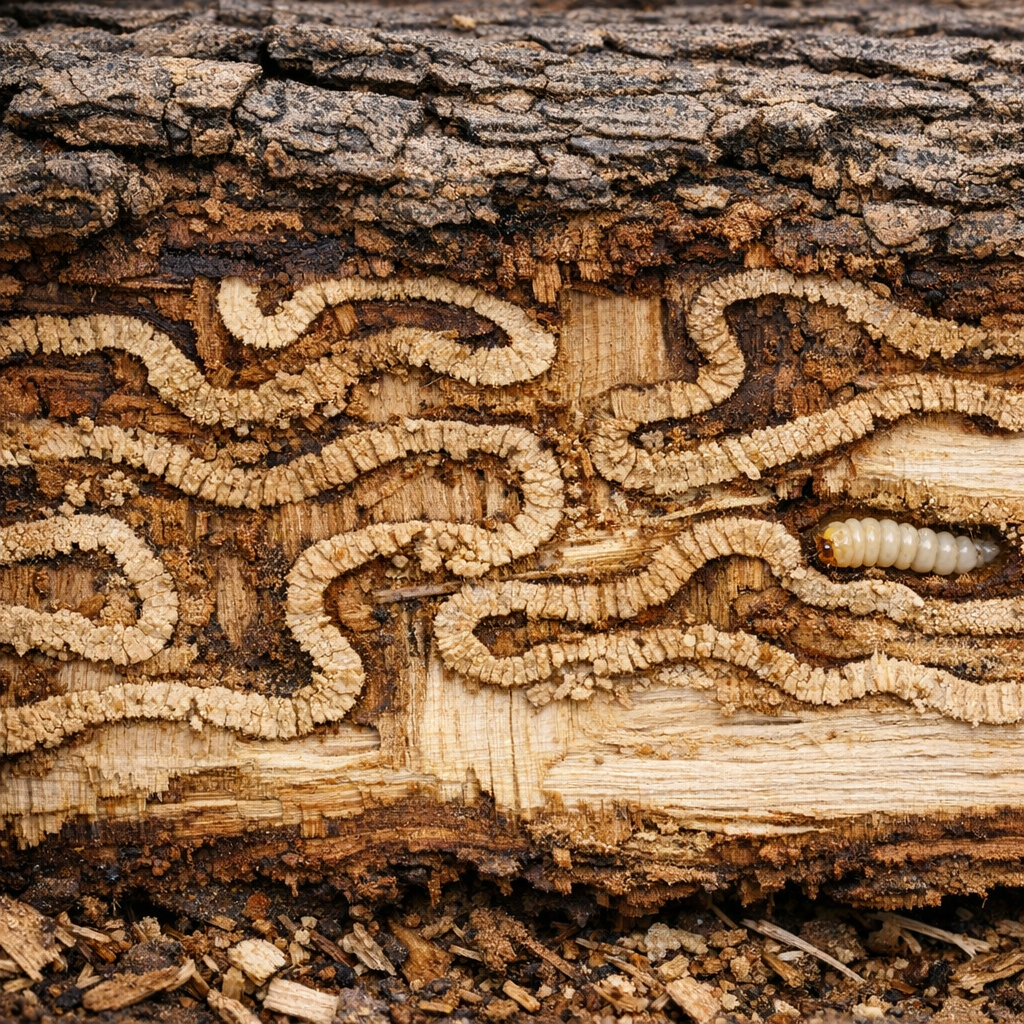 photographic Emerald Ash Borer Larvae Tunnel Damage Crosssection of ash bark showing serpentine galleries inside the woodGreat visual for illustrating